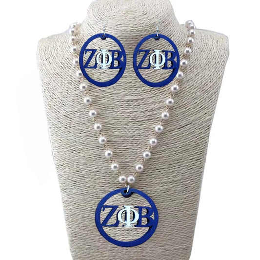 ZPB  Zeta Phi Beta Natural Wooden  pearl Pendent Necklace Jewelry set