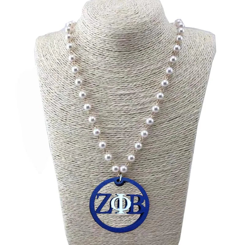 ZPB  Zeta Phi Beta Natural Wooden  pearl Pendent Necklace Jewelry set