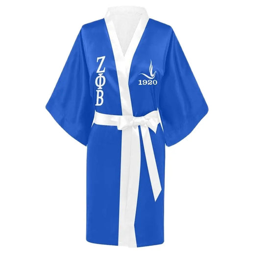 Stylish Greek Letter Sorority White Blue Zeta PHI Beta Robe Sleepwear Silk Half For Women Lady