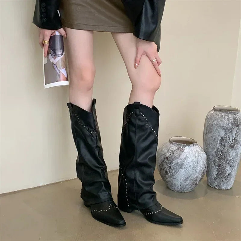 Woman Cowgirl Boots Fashion Slip On Ladies Elegant Square Heel Long Pipe Boots Shoes Retro Women's Winter Footwear