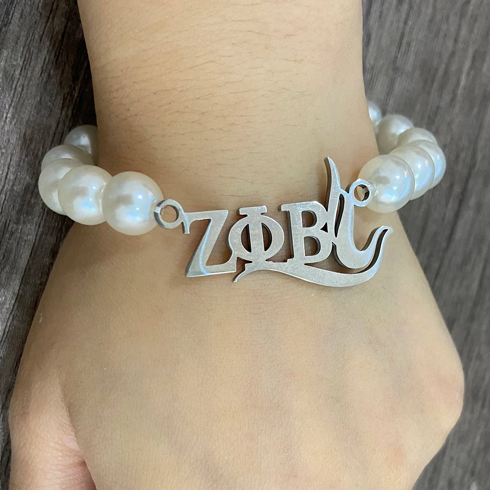 10MM White Pearl Zeta Phi Beta Women's Association Stainless Steel Dove Badge Letter Pendant Bracelet