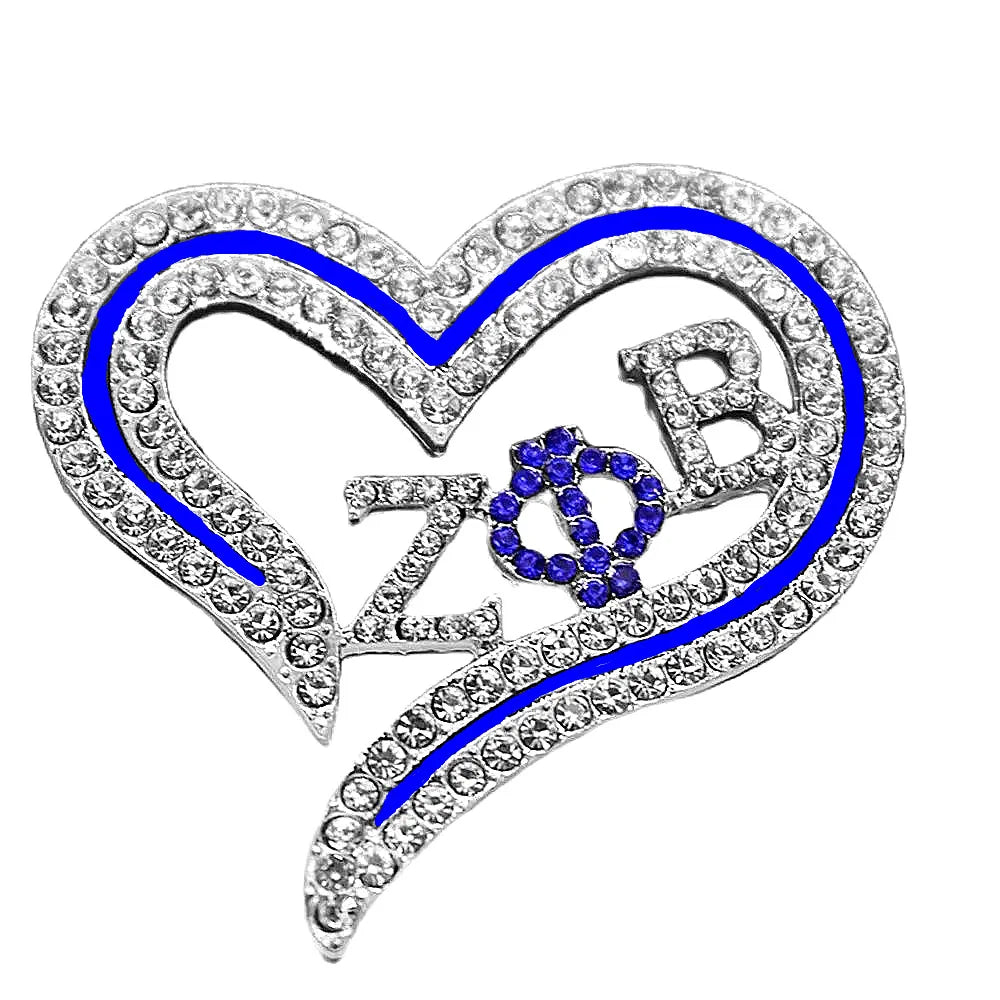 Sparking Crystal Hollow Open Love Heart Sorority Letters Zeta Phi Beta Pin Greek Brooches Custom