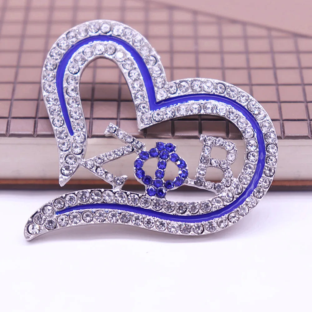 Sparking Crystal Hollow Open Love Heart Sorority Letters Zeta Phi Beta Pin Greek Brooches Custom