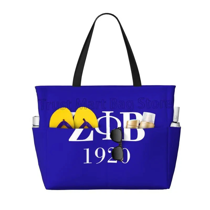 Zeta Phi Beta Large Waterproof Beach Bag Women Sandproof Pool Tote Bags with Zipper and Pockets for Gym Swim Travel Vacation