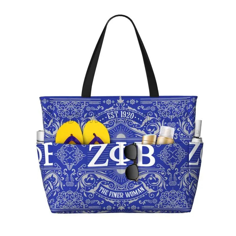 Zeta Phi Beta Large Waterproof Beach Bag Women Sandproof Pool Tote Bags with Zipper and Pockets for Gym Swim Travel Vacation