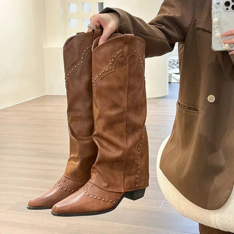 Woman Cowgirl Boots Fashion Slip On Ladies Elegant Square Heel Long Pipe Boots Shoes Retro Women's Winter Footwear