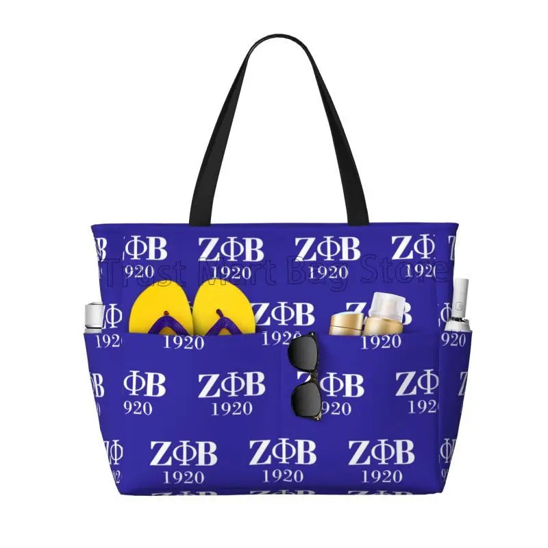 Zeta Phi Beta Large Waterproof Beach Bag Women Sandproof Pool Tote Bags with Zipper and Pockets for Gym Swim Travel Vacation