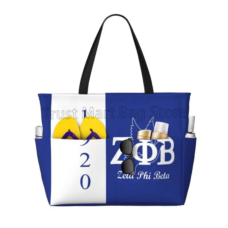 Zeta Phi Beta Large Waterproof Beach Bag Women Sandproof Pool Tote Bags with Zipper and Pockets for Gym Swim Travel Vacation