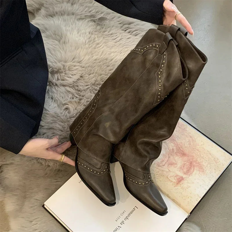 Woman Cowgirl Boots Fashion Slip On Ladies Elegant Square Heel Long Pipe Boots Shoes Retro Women's Winter Footwear