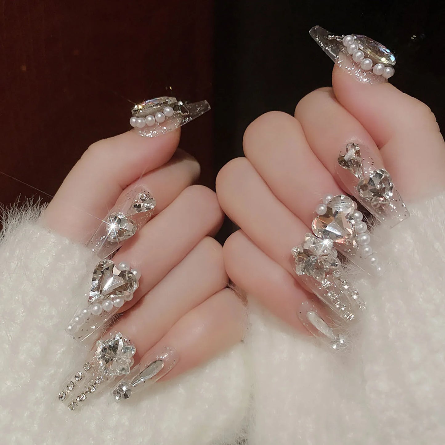 Transparent Long Fake Nails with Shiny Rhinestone Natural Unbreakable Nail Simple Wear for Manicure Lovers and Beauty Bloggers