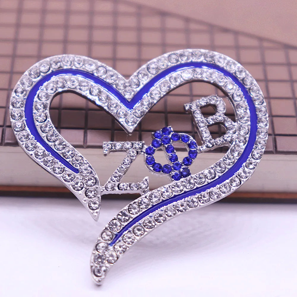 Sparking Crystal Hollow Open Love Heart Sorority Letters Zeta Phi Beta Pin Greek Brooches Custom