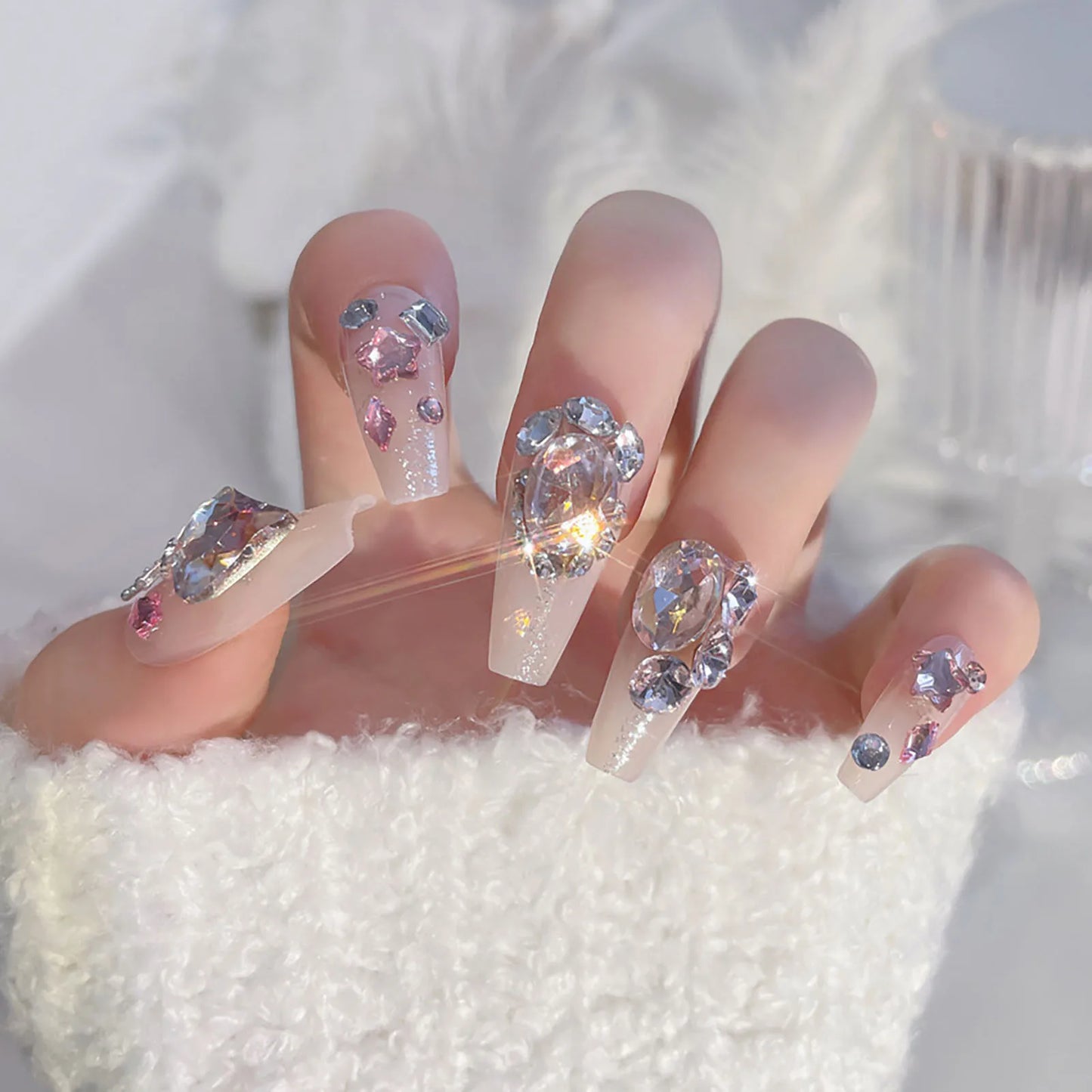 Transparent Long Fake Nails with Shiny Rhinestone Natural Unbreakable Nail Simple Wear for Manicure Lovers and Beauty Bloggers