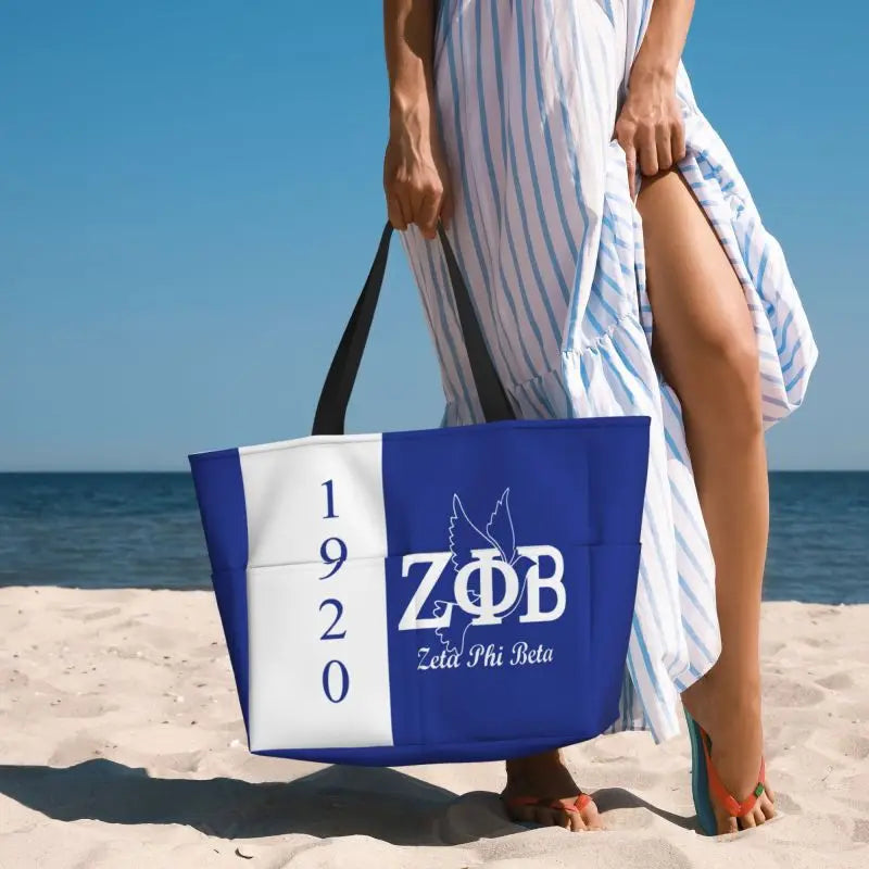 Zeta Phi Beta Large Waterproof Beach Bag Women Sandproof Pool Tote Bags with Zipper and Pockets for Gym Swim Travel Vacation