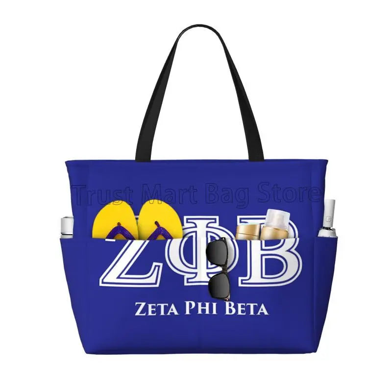 Zeta Phi Beta Large Waterproof Beach Bag Women Sandproof Pool Tote Bags with Zipper and Pockets for Gym Swim Travel Vacation