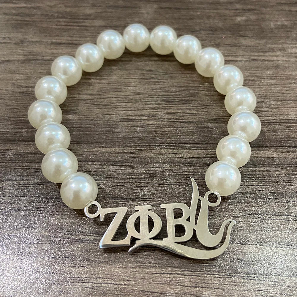 10MM White Pearl Zeta Phi Beta Women's Association Stainless Steel Dove Badge Letter Pendant Bracelet