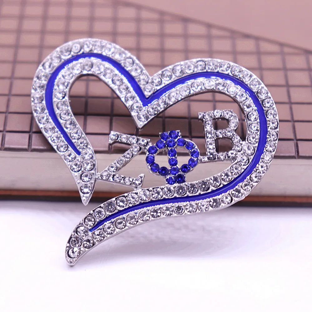 Sparking Crystal Hollow Open Love Heart Sorority Letters Zeta Phi Beta Pin Greek Brooches Custom