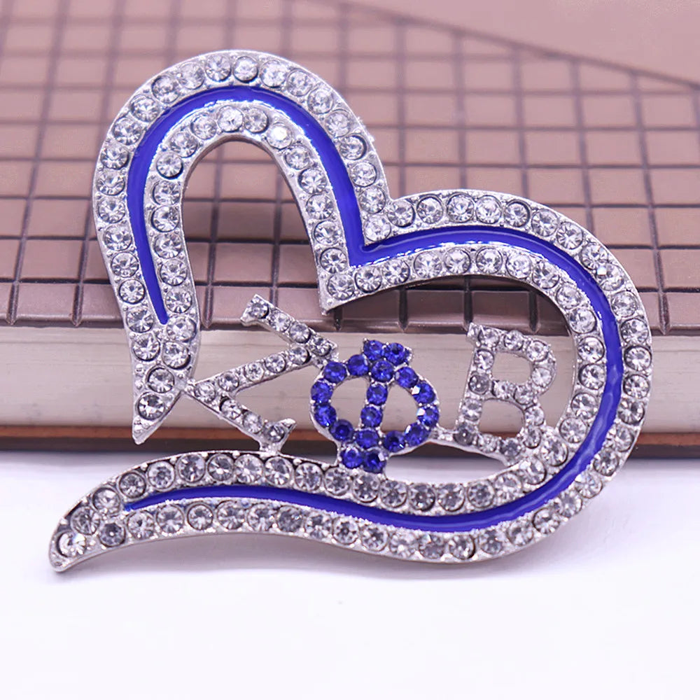 Sparking Crystal Hollow Open Love Heart Sorority Letters Zeta Phi Beta Pin Greek Brooches Custom