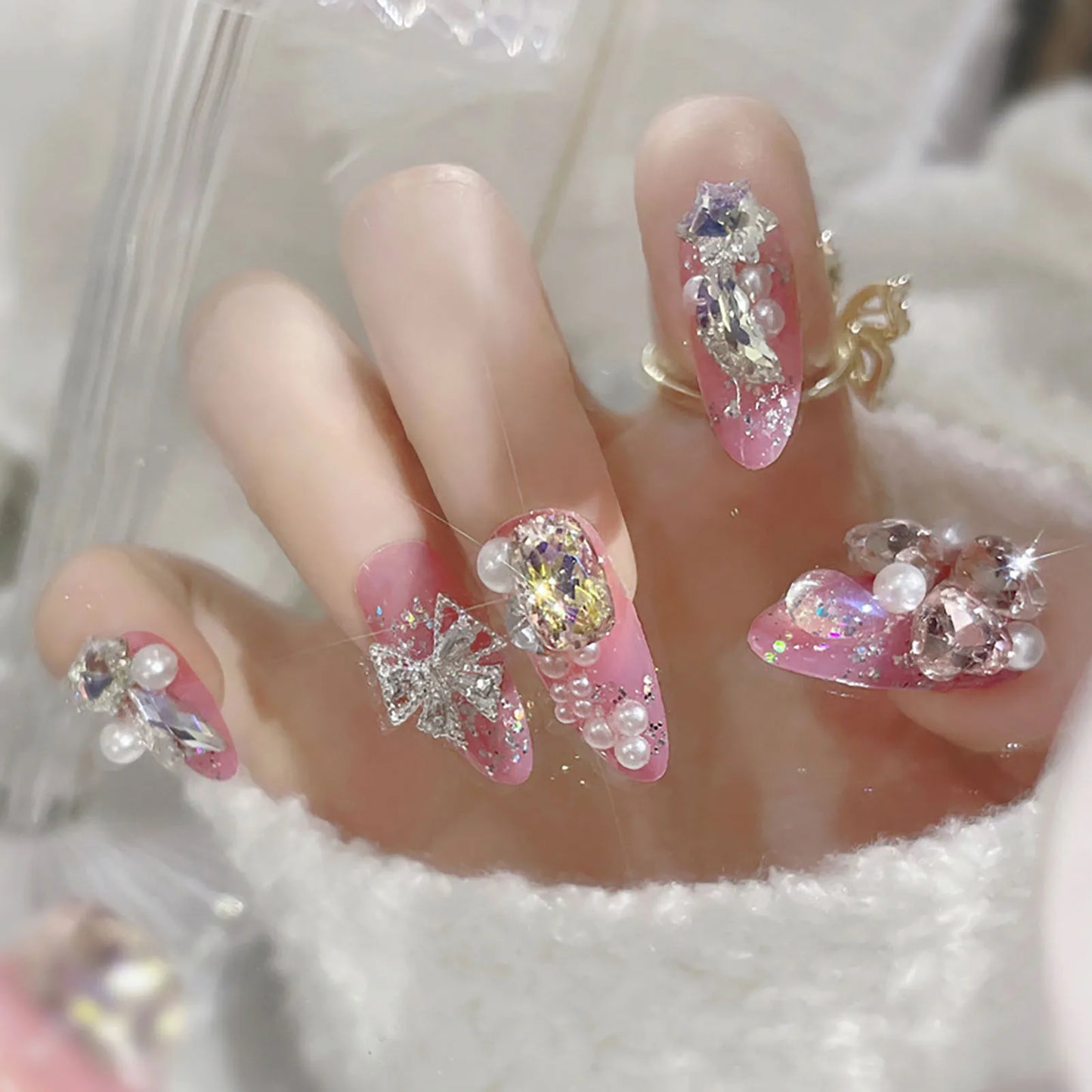 Transparent Long Fake Nails with Shiny Rhinestone Natural Unbreakable Nail Simple Wear for Manicure Lovers and Beauty Bloggers