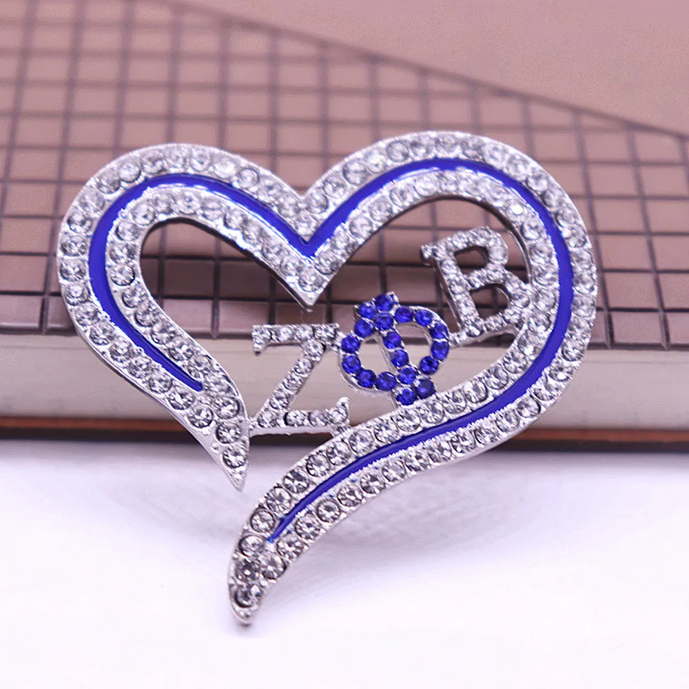 Sparking Crystal Hollow Open Love Heart Sorority Letters Zeta Phi Beta Pin Greek Brooches Custom