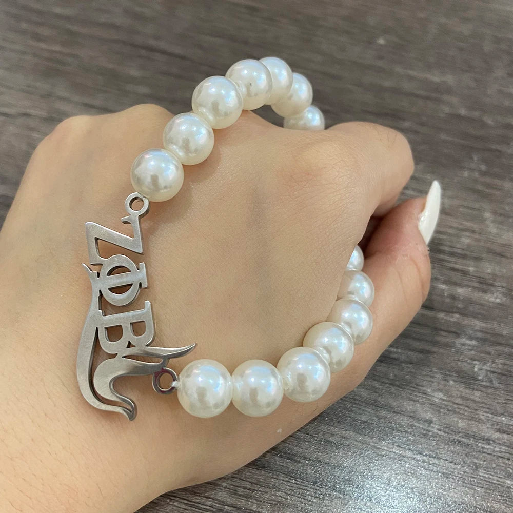 10MM White Pearl Zeta Phi Beta Women's Association Stainless Steel Dove Badge Letter Pendant Bracelet